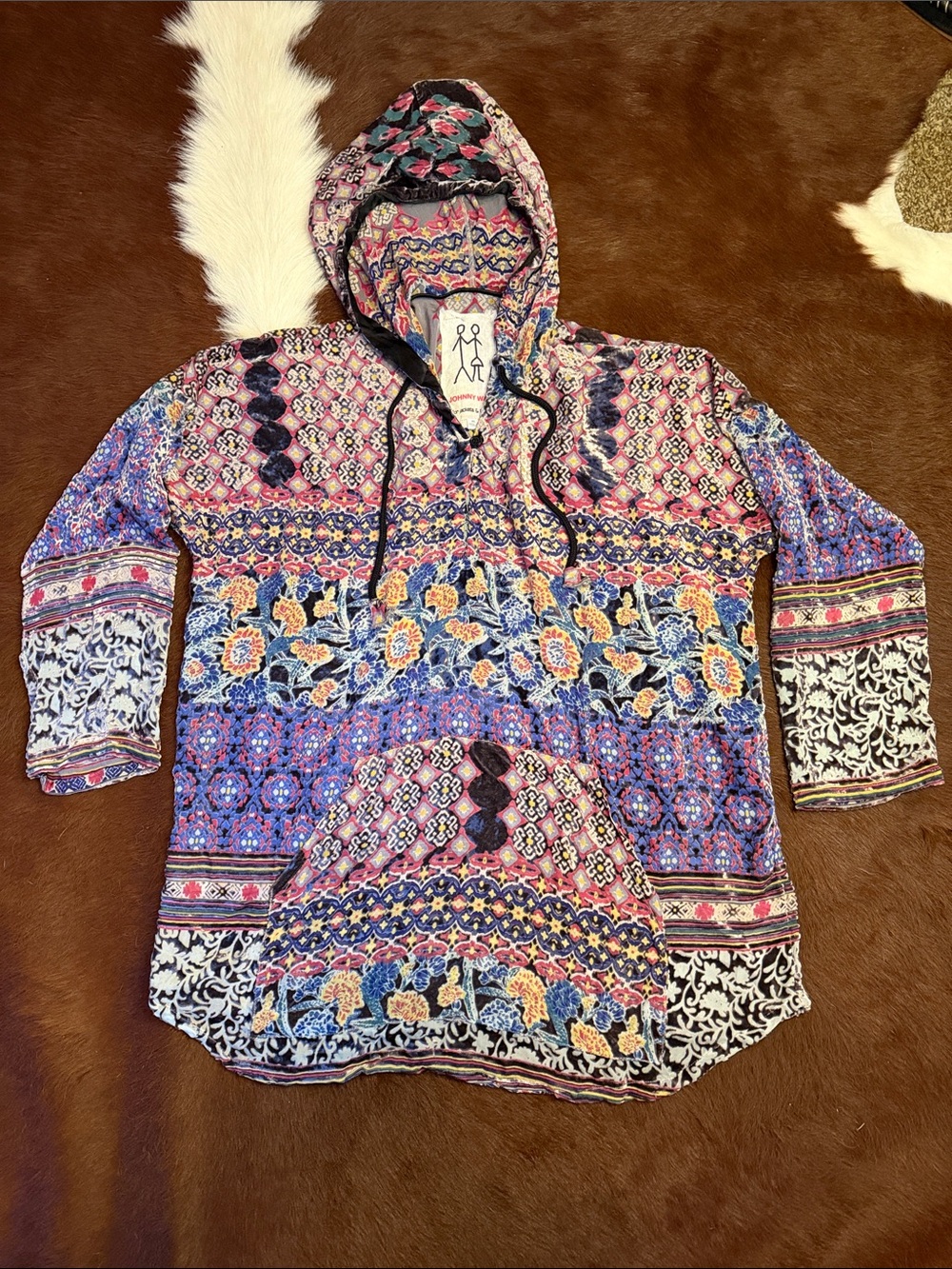 Johnny Was Karma Burnout Aztec Silk Blend Boho Tunic Pullover Hoodie Size XS